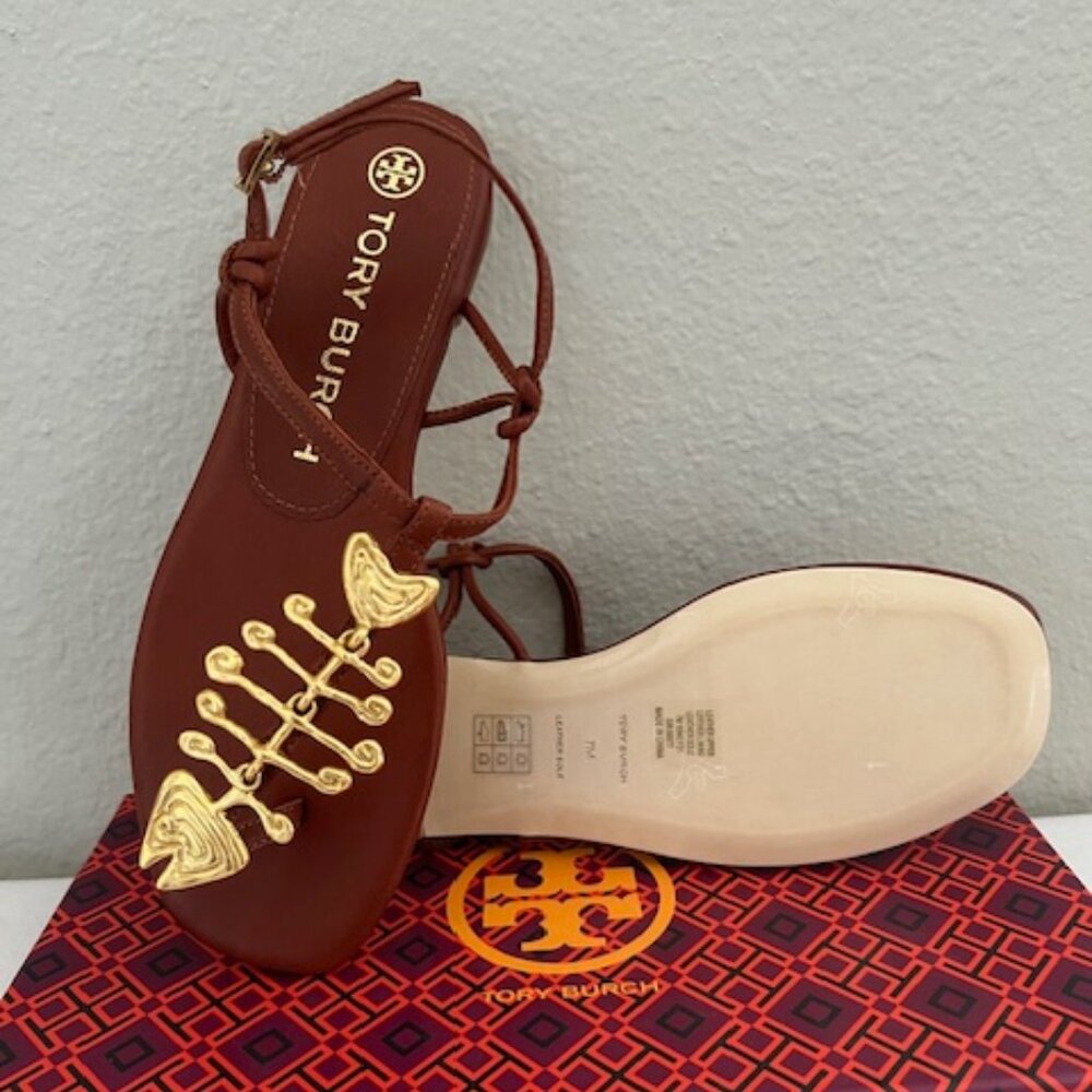 Tory Burch Brown Leather T-Strap Sandals with Gold Hardware - Picture 7 of 11